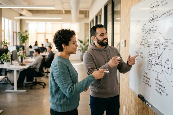 Dedykowane oprogramowanie – dwóch programistów planuje architekturę aplikacji na tablicy