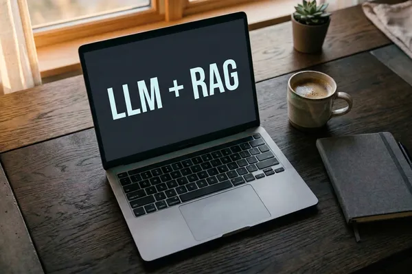 Laptop z napisem LLM + RAG w biurze