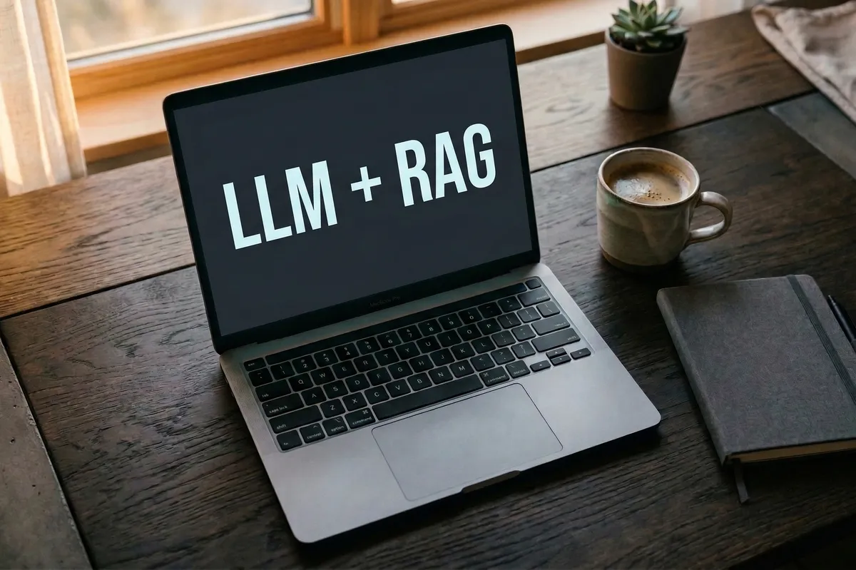 Laptop z napisem LLM + RAG w biurze