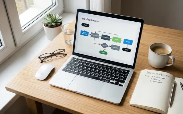 Laptop z diagramem automatyzacji procesów na biurku – automatyzacja procesów w firmie