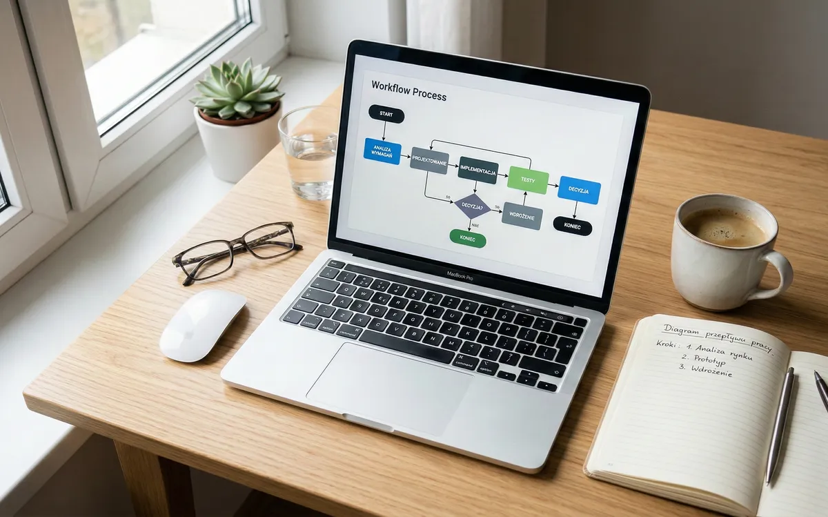 Laptop z diagramem automatyzacji procesów na biurku – automatyzacja procesów w firmie