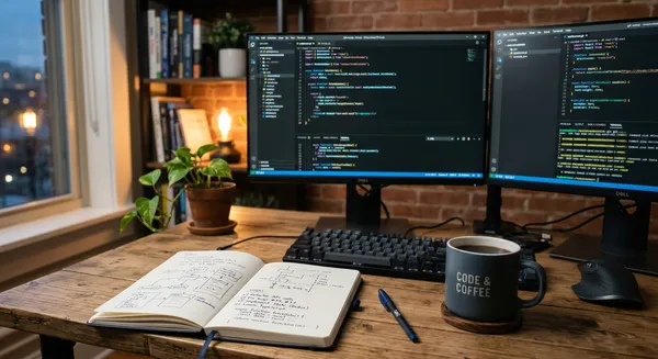 Biurko programisty z kodem źródłowym na monitorze – dług techniczny w praktyce